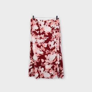 Chelsea28 Women's Size Medium Floral Print Midi Skirt Pink White Slit Front NWT